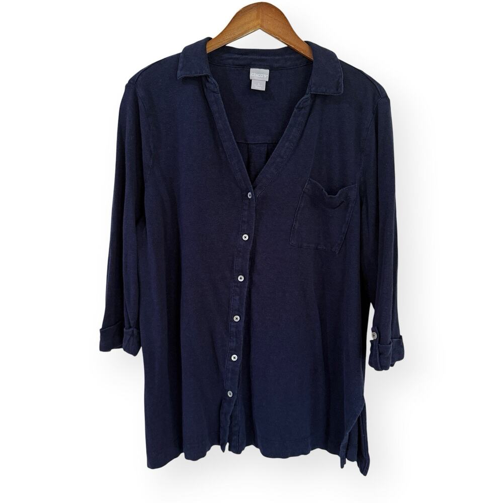Chicos Navy Blue 100% Linen Button Down Knit Tunic Shirt Blouse 3 XL Beach Boho